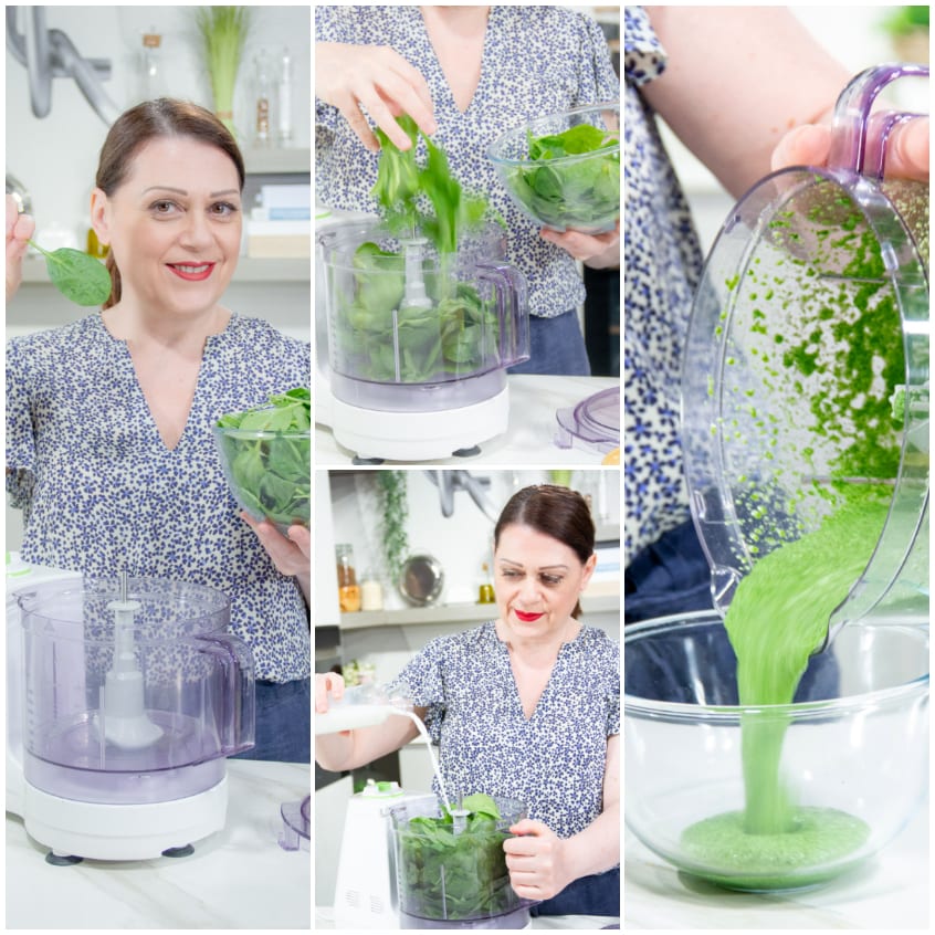 Spinaci freschi frullati con latte fino a ottenere una crema verde vellutata