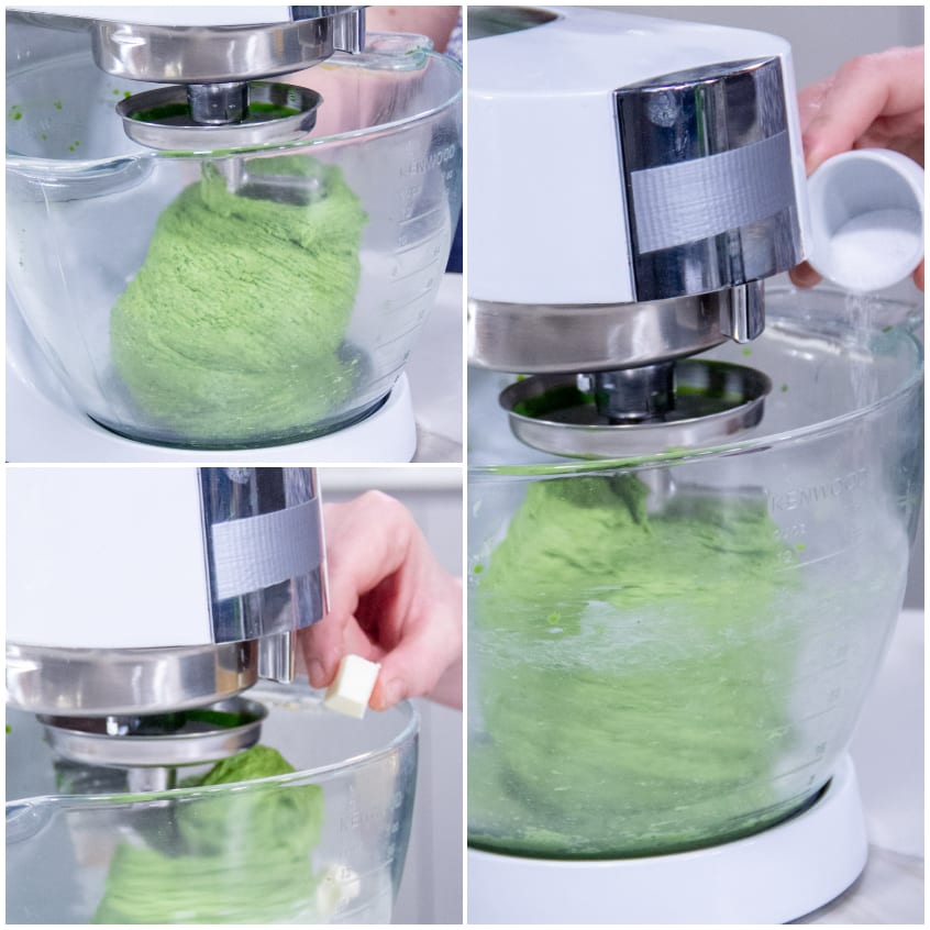 Impasto verde incordato nell'impastatrice mentre si aggiungono burro e sale