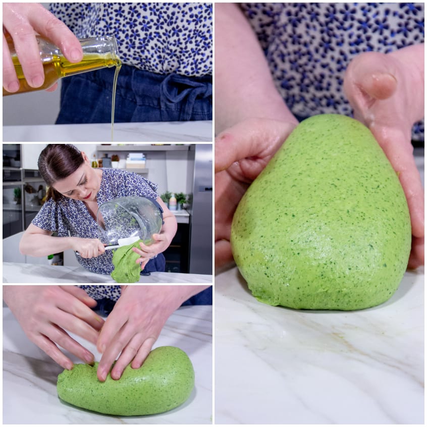 Impasto verde agli spinaci lavorato a mano sul piano fino a formare una palla liscia