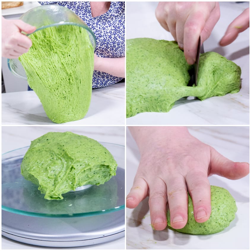 Impasto verde lievitato versato, tagliato a pezzi e formato a palline a mano