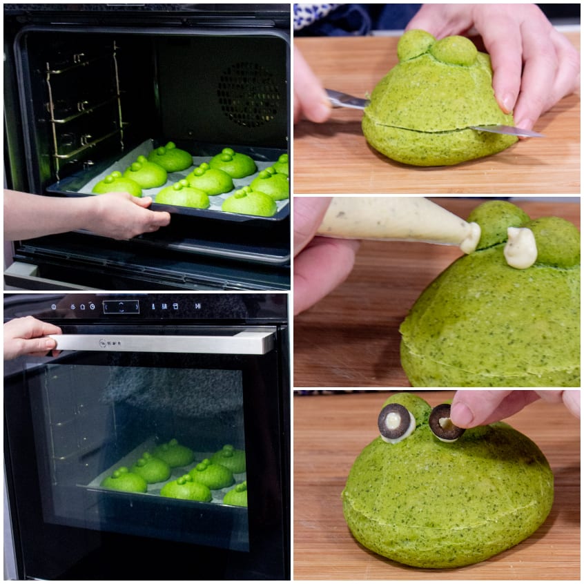 Panini a forma di rana in cottura in forno e decorazione con maionese e olive nere