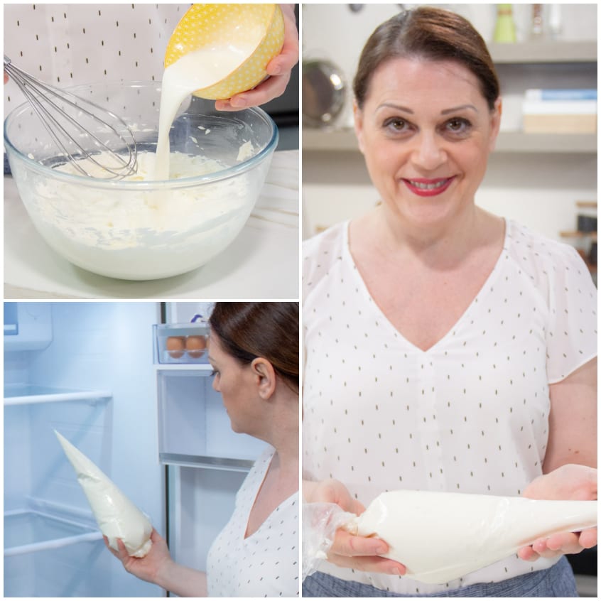Crema al mascarpone versata in ciotola con frusta, poi trasferita in sac-à-poche e riposta in frigorifero