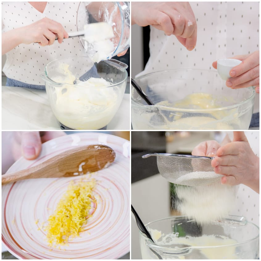 Scorza di limone grattugiata e farina setacciata uniti al composto per la pasta biscotto