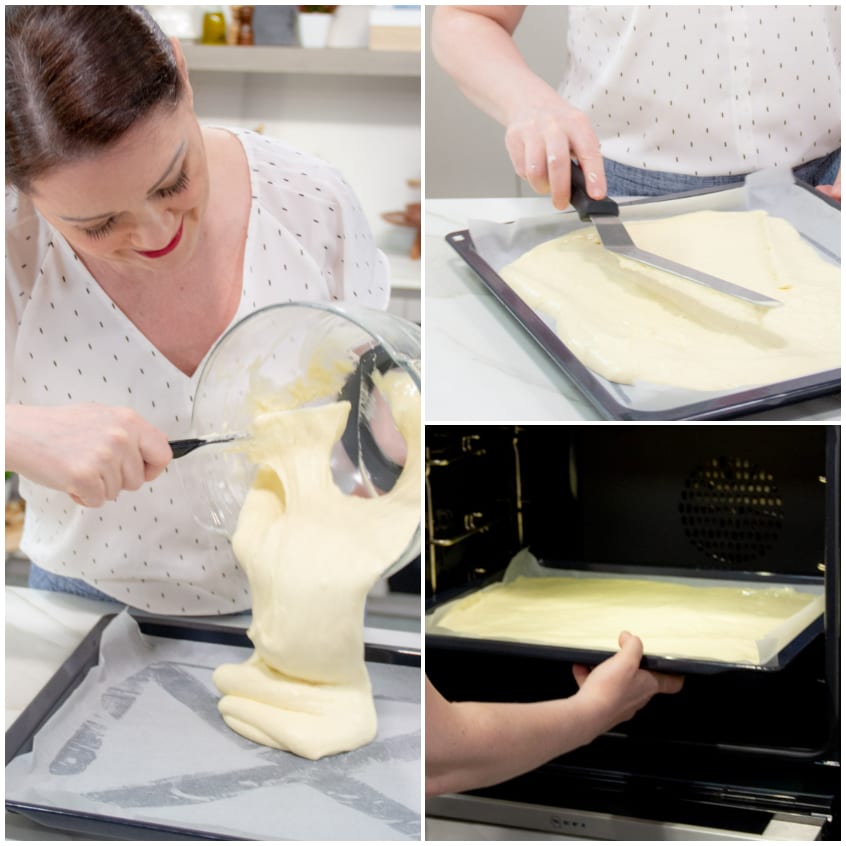 Impasto per pasta biscotto versato sulla leccarda, livellato con spatola e infornato