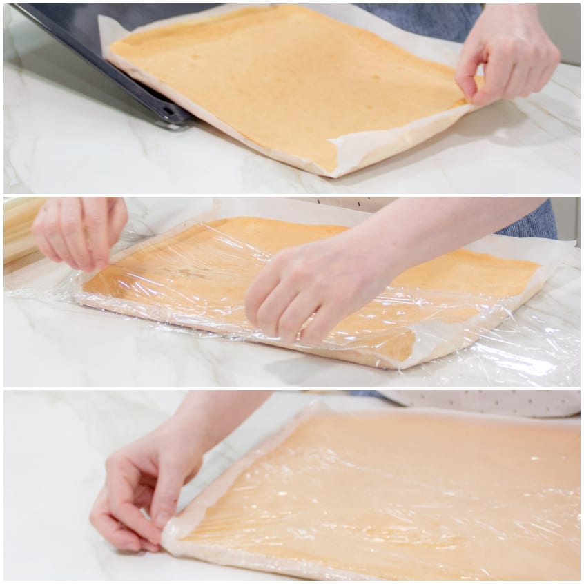 Pasta biscotto coperta con pellicola trasparente e avvolta su se stessa per raffreddarsi