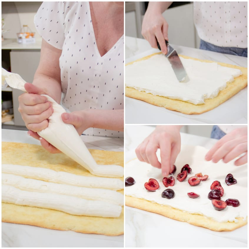 Crema al mascarpone distribuita a strisce sul pan di Spagna e ciliegie denocciolate sparse sopra