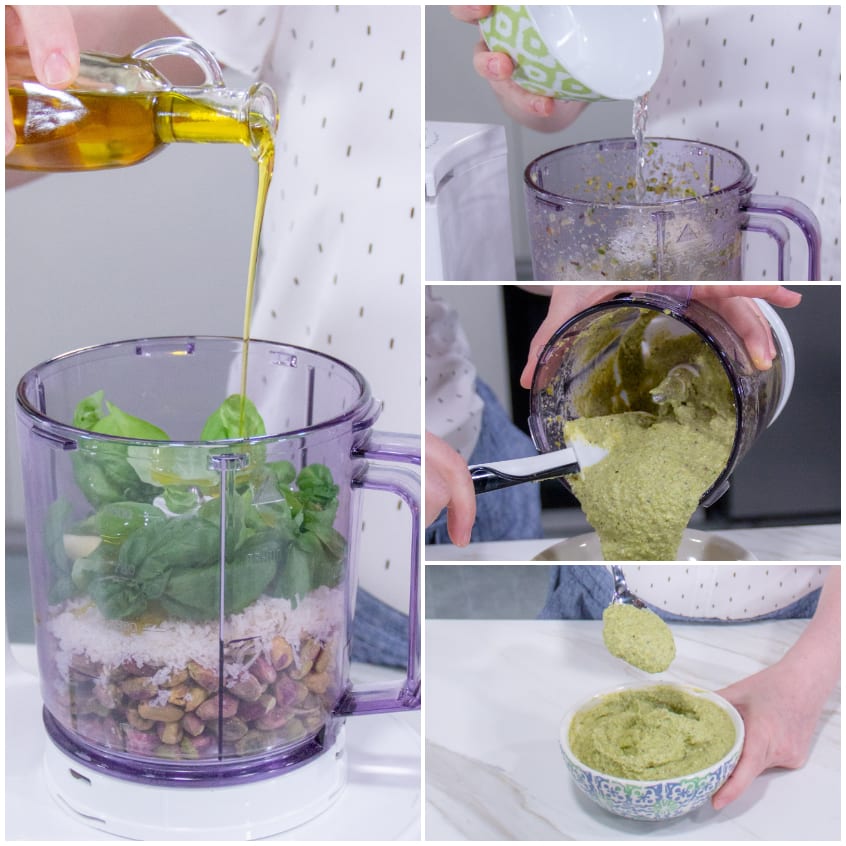 Olio versato a filo nel frullatore con basilico e pistacchi, poi il pesto cremoso trasferito in una ciotola