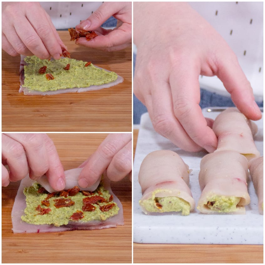 Fette di pesce spada spalmate di farcia verde e pomodori secchi, arrotolate in involtini pronti per la cottura