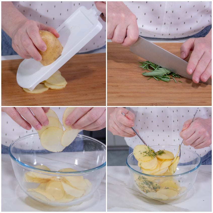 Patate affettate sottili con mandolina, poi condite con erbe aromatiche tritate in una ciotola
