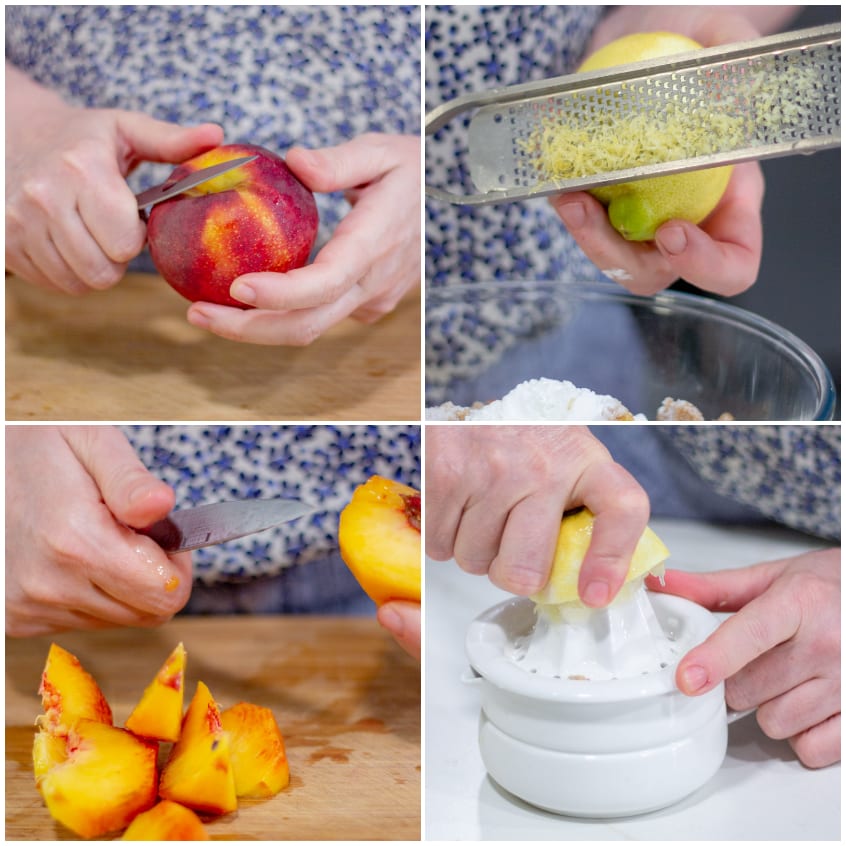 Pesche sbucciate e tagliate a pezzi, zeste di limone grattugiate e succo di limone spremuto