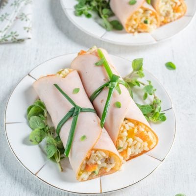 Involtini di tacchino ripieni di riso con verdure, legati con erba cipollina e guarniti con germogli freschi
