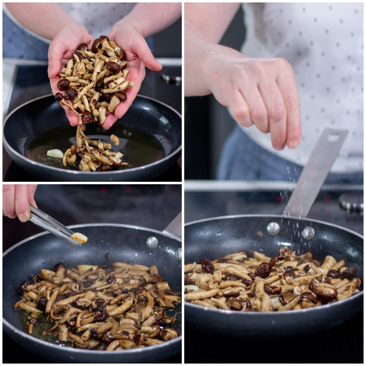 Funghi pioppini versati in padella con aglio, saltati e salati a mano