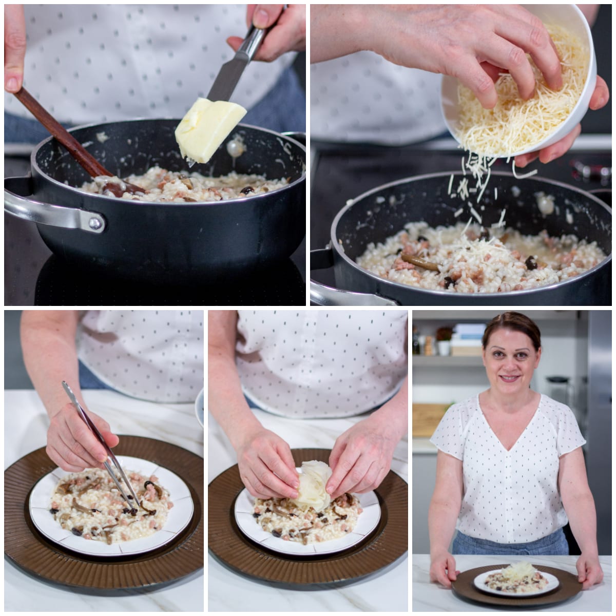 Mantecatura del risotto ai funghi con burro e formaggio grattugiato, poi impiattato con raspadura