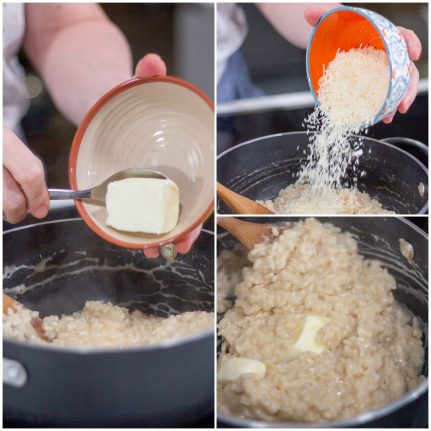 Mantecatura del risotto con burro e parmigiano grattugiato versato direttamente in padella