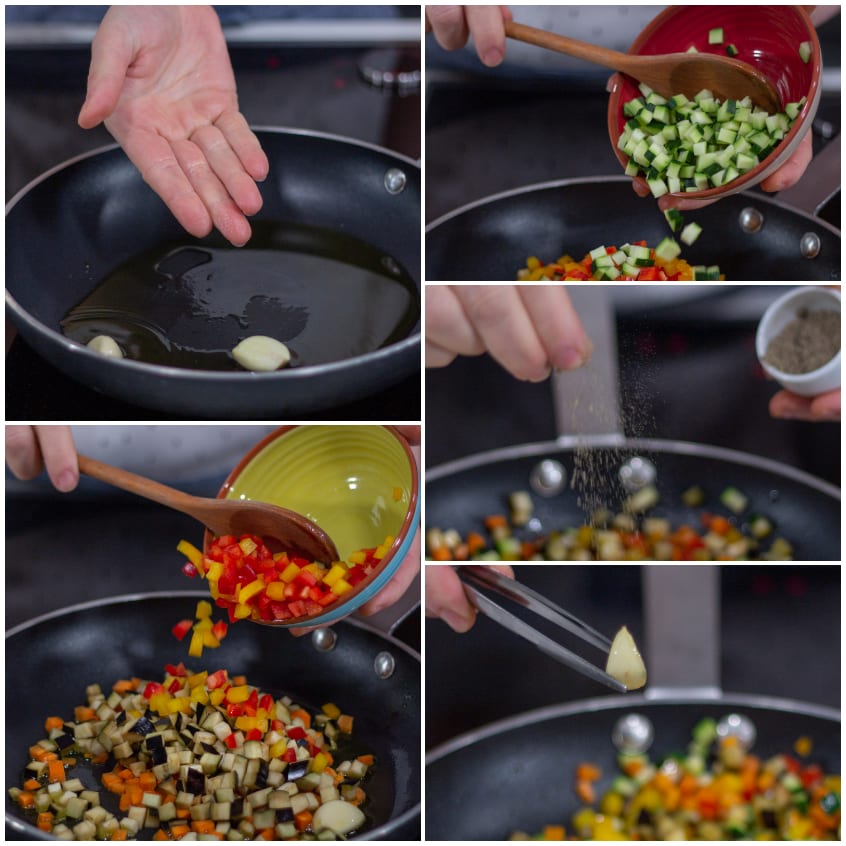 Verdure a cubetti saltate in padella con aglio, peperoni, melanzane e zucchine aggiunti in sequenza