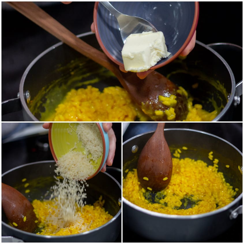 Mantecatura del risotto allo zafferano con burro e Parmigiano grattugiato versati nella pentola