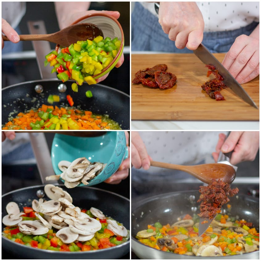 Verdure a dadini, funghi a fette e pomodori secchi tritati aggiunti in padella con un cucchiaio di legno