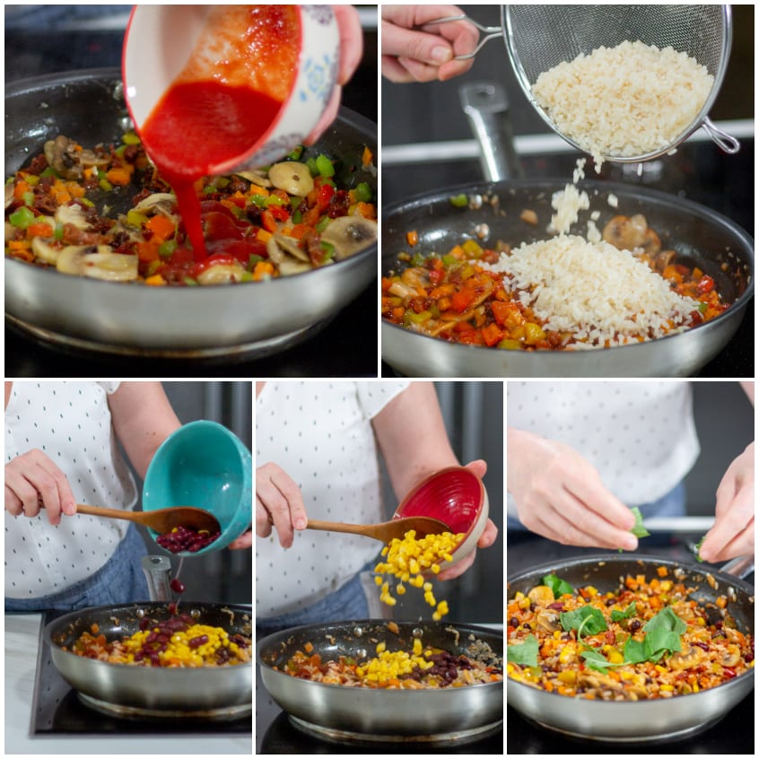 Aggiunta di passata, riso lessato, fagioli, mais e basilico in padella con verdure saltate