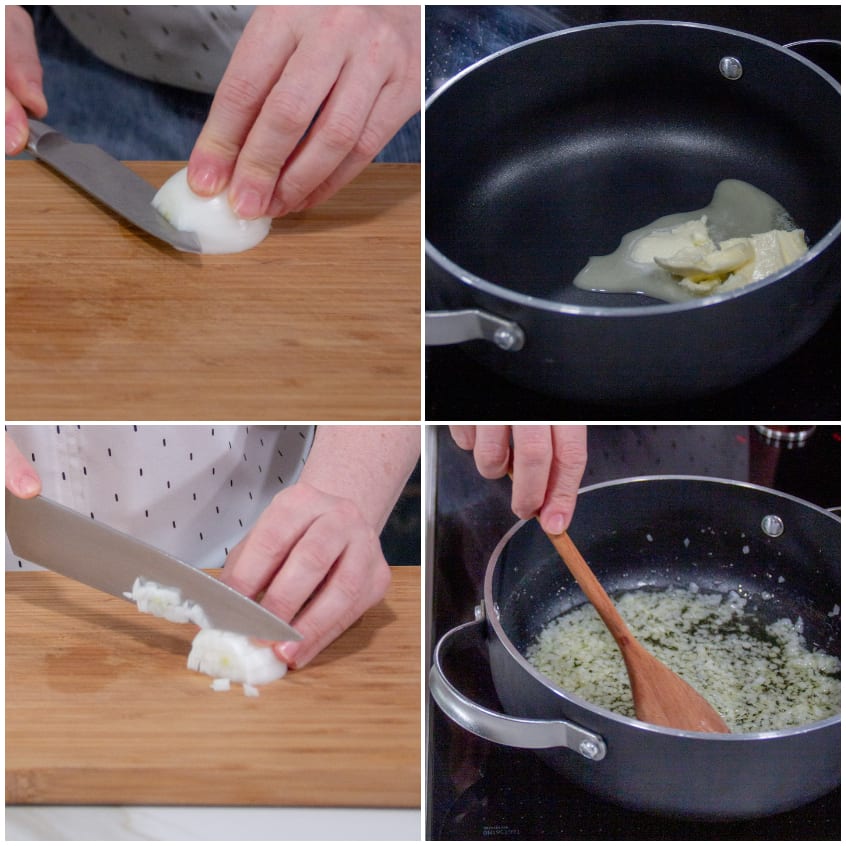 Cipolla tritata al coltello, poi soffritto con burro mescolato con cucchiaio di legno