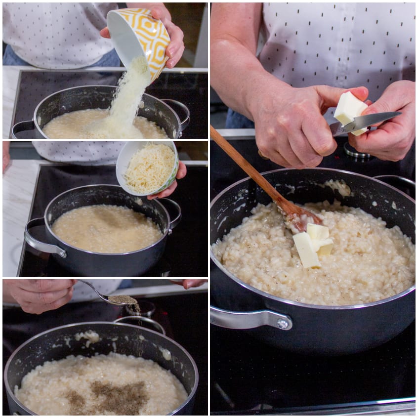 Mantecatura del risotto con aggiunta di burro, Pecorino grattugiato e pepe nero