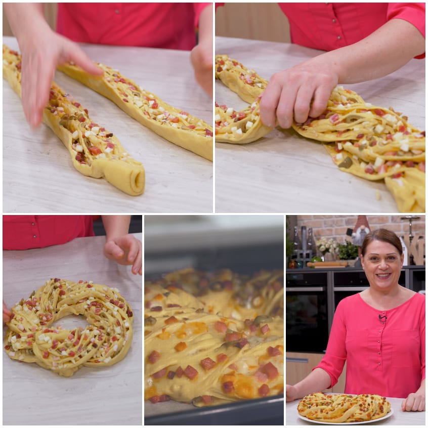 Mani che intrecciano strisce di pasta farcite con salumi e formaggio a formare una corona
