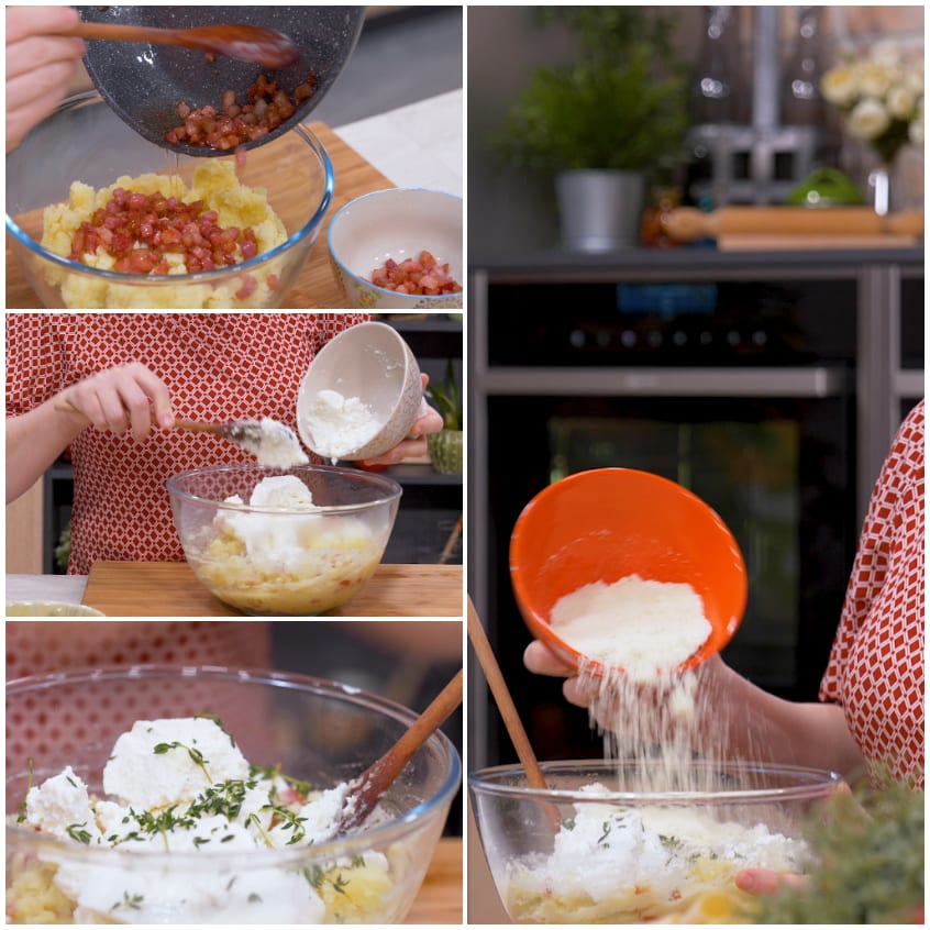 Aggiunta di ricotta e farina al composto di patate e guanciale per il ripieno