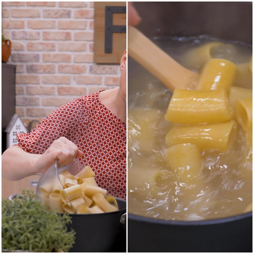 Paccheri in cottura nell'acqua bollente mescolati con un cucchiaio di legno