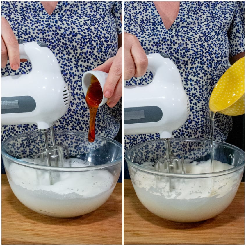 Albumi montati a neve con aggiunta di miele a filo e olio di riso mentre le fruste lavorano