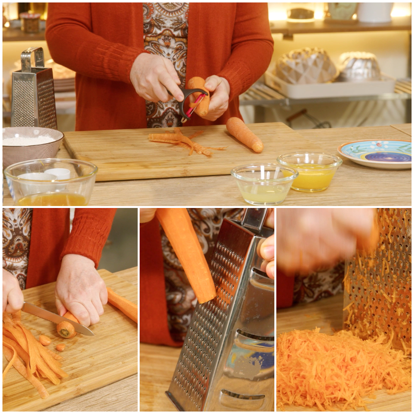 Carote pelate, tagliate a julienne e grattugiate finemente su un tagliere