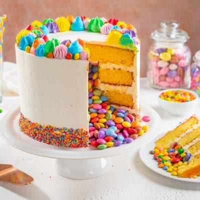 Torta sorpresa di compleanno a strati con confetti colorati che fuoriescono dalla fetta tagliata