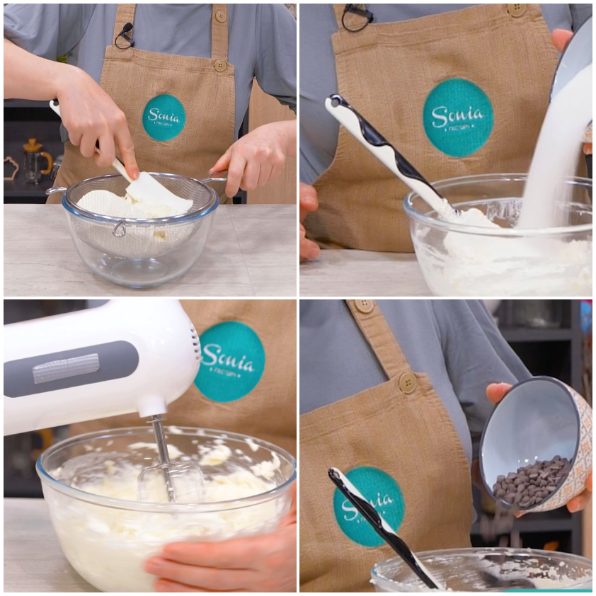 Ricotta setacciata, lavorata con le fruste e arricchita con gocce di cioccolato per il ripieno dei cartocci