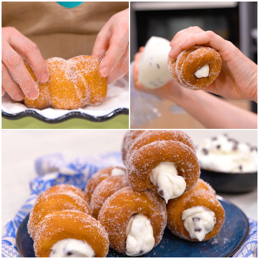 Cartocci fritti ricoperti di zucchero semolato farciti con crema di ricotta e gocce di cioccolato