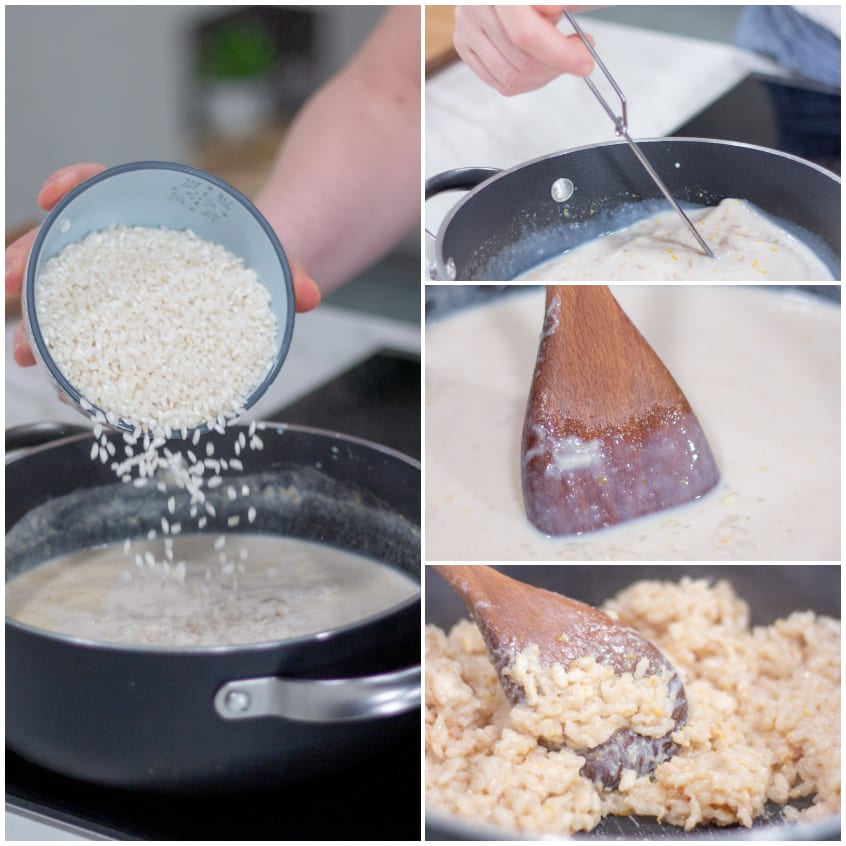 Riso versato nel latte caldo e mescolato fino ad assorbimento completo