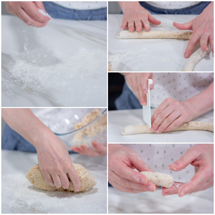 Mani che formano e tagliano a pezzi un bastoncino di impasto infarinato per le crispelle