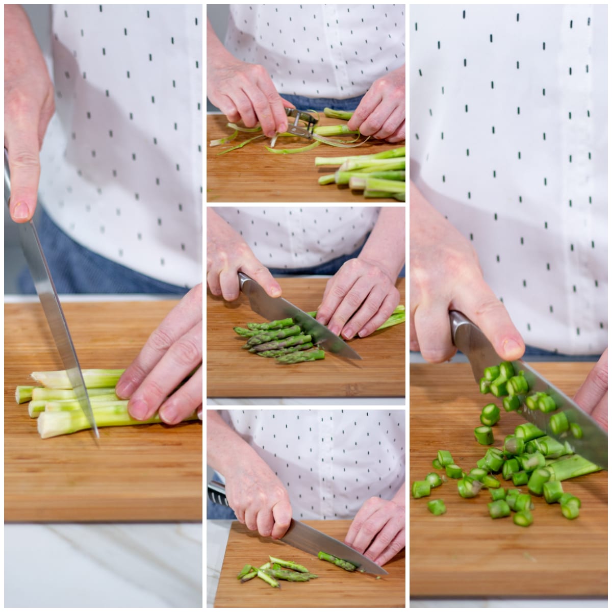 Mani che puliscono e tagliano gli asparagi: eliminazione della parte fibrosa, pelatura e affettatura dei gambi
