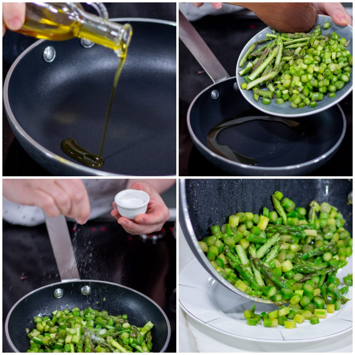 Asparagi a pezzetti saltati in padella con olio, salati durante la cottura