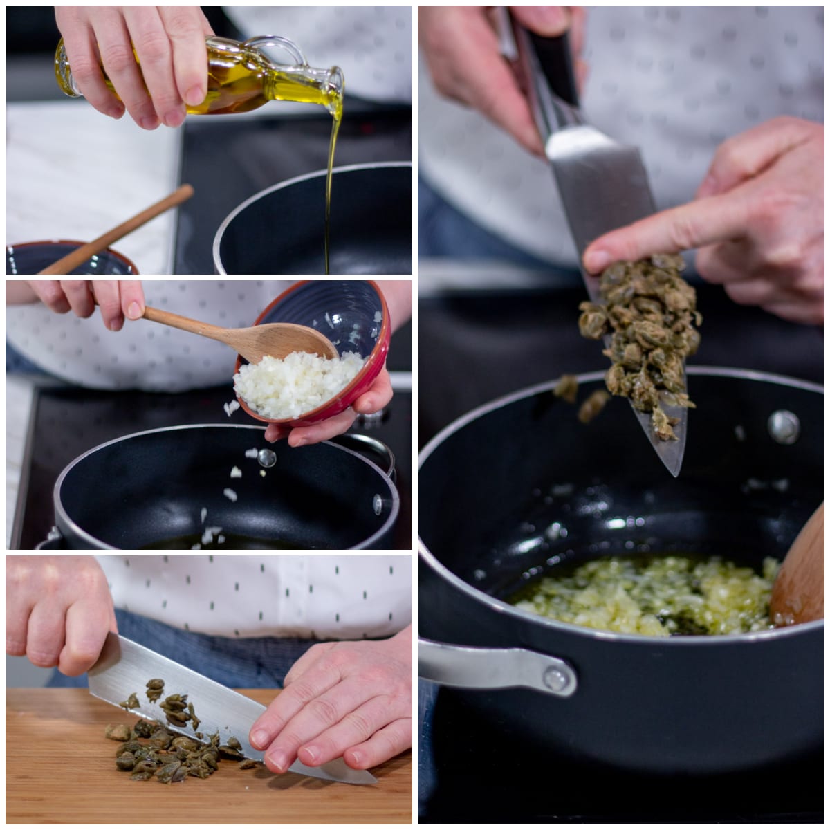 Cipolla tritata e capperi sminuzzati aggiunti in padella con olio d'oliva per il soffritto