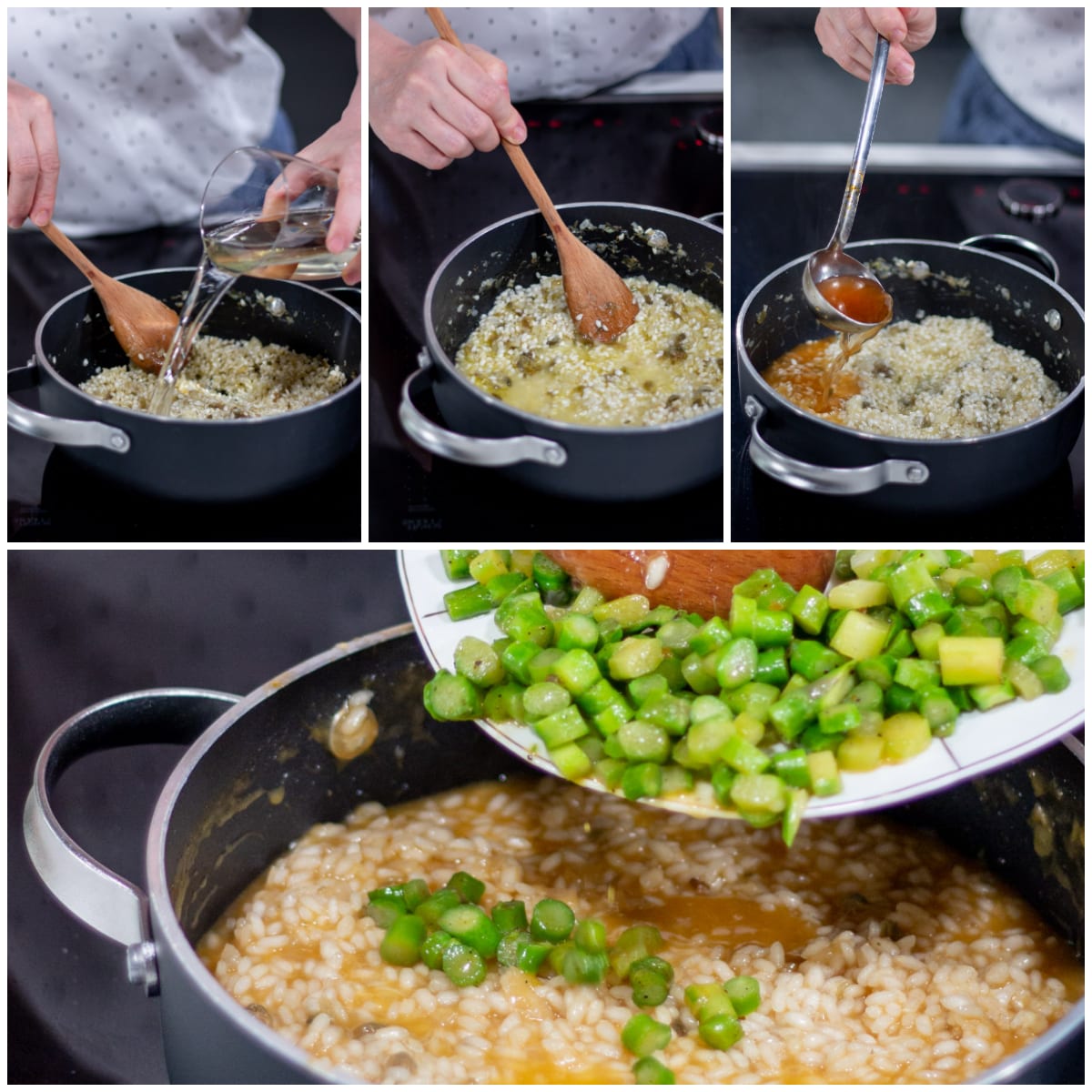 Riso sfumato con vino bianco, bagnato con bisque e completato con pezzi di asparagi verdi
