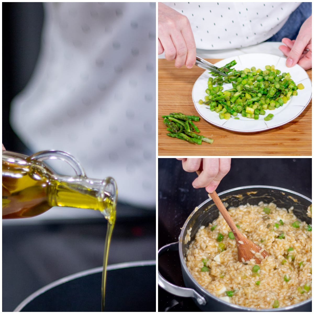 Risotto con asparagi mantecato con olio e mescolato con cucchiaio di legno in padella