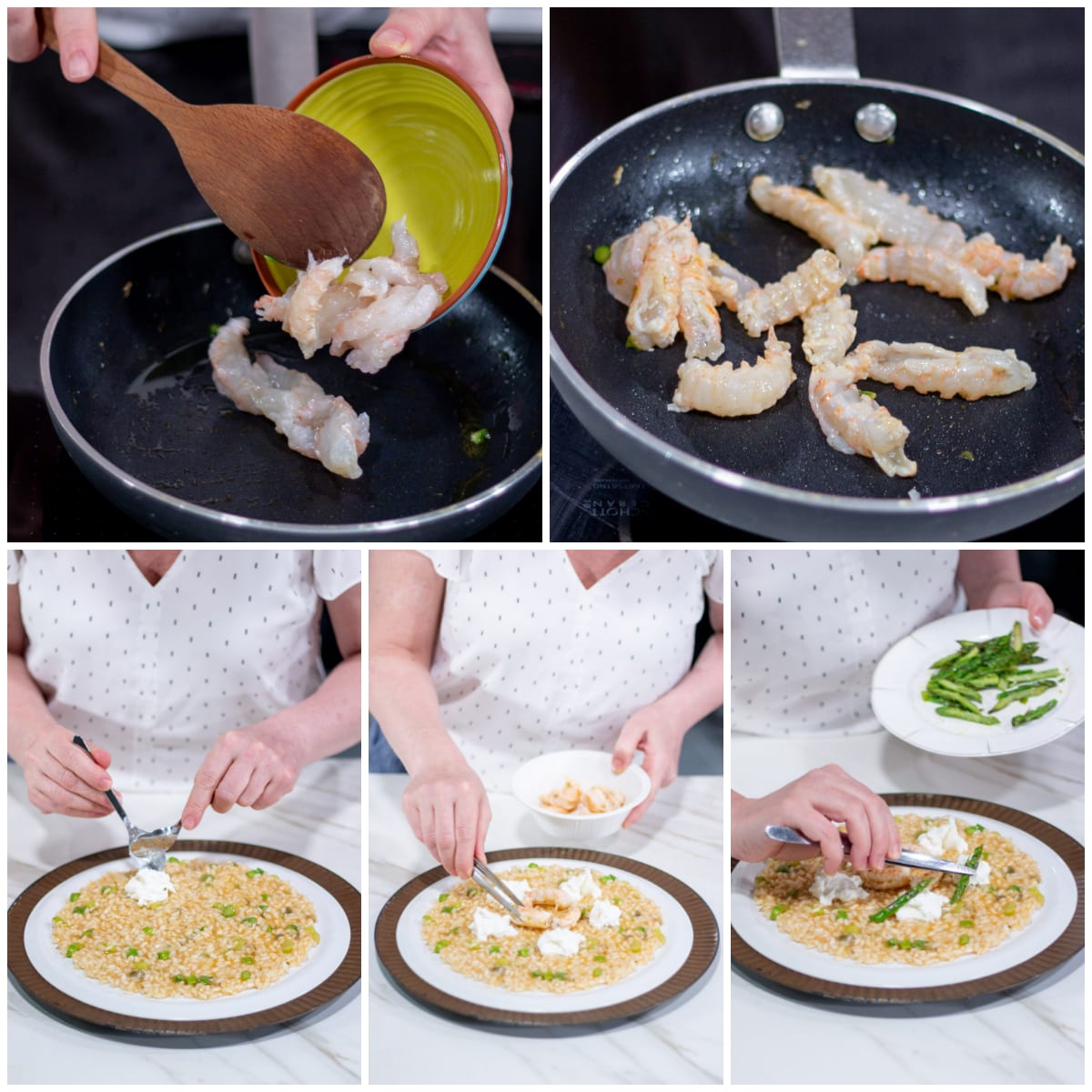 Impiattamento del risotto con scampi saltati in padella, ciuffi di burrata e punte di asparago