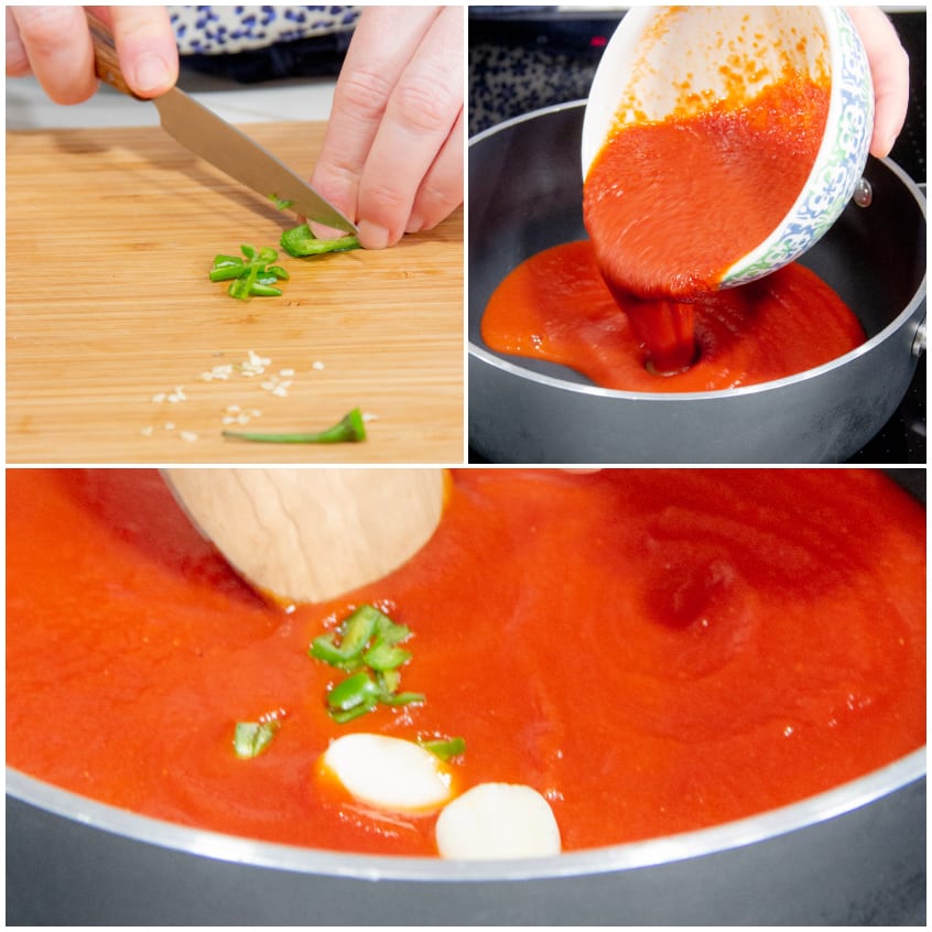 Aglio e peperoncino fresco tritati aggiunti alla passata di pomodoro in padella