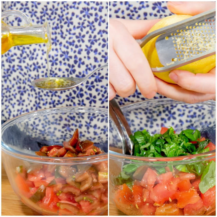 Olio versato sui pomodori a pezzi e scorza di limone grattugiata con basilico fresco
