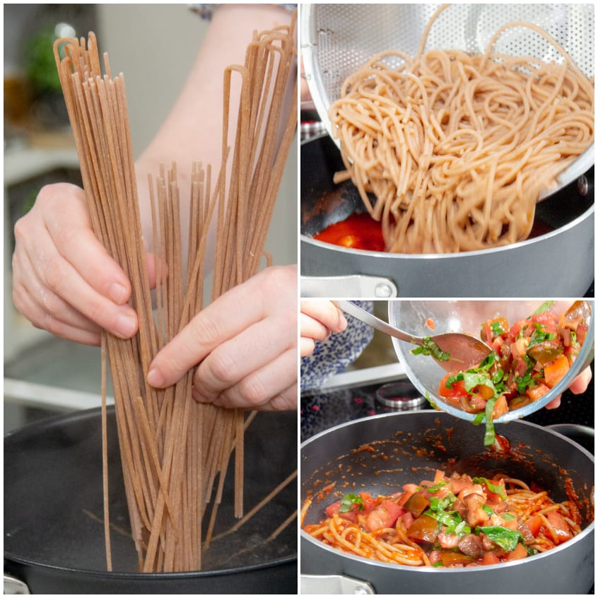 Spaghetti integrali crudi calati in padella, poi scolati e mantecati con sugo di pomodoro e basilico