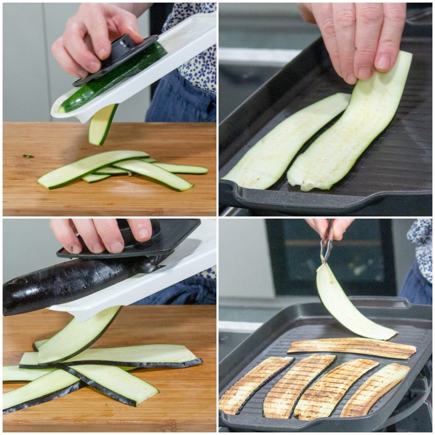 Zucchine e melanzane affettate alla mandolina, poi grigliate a strisce su piastra rigata