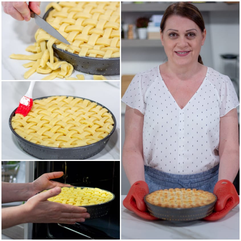 Reticolo di pasta frolla rifinito con coltello, spennellato e infornato fino a doratura