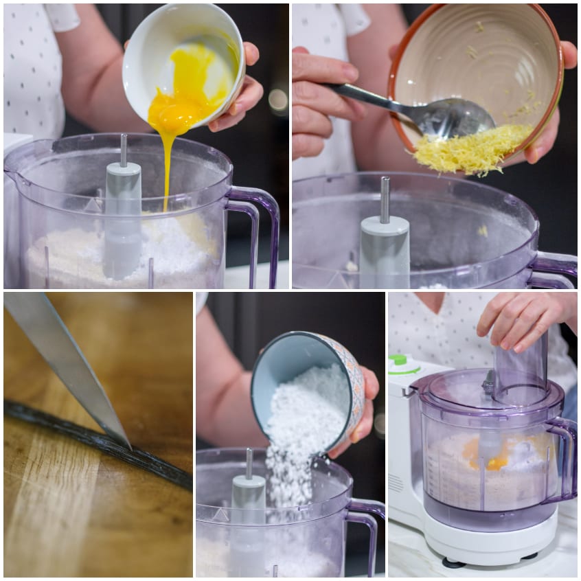 Uova sbattute, scorza di limone grattugiata e zucchero versati nel robot da cucina per la frolla