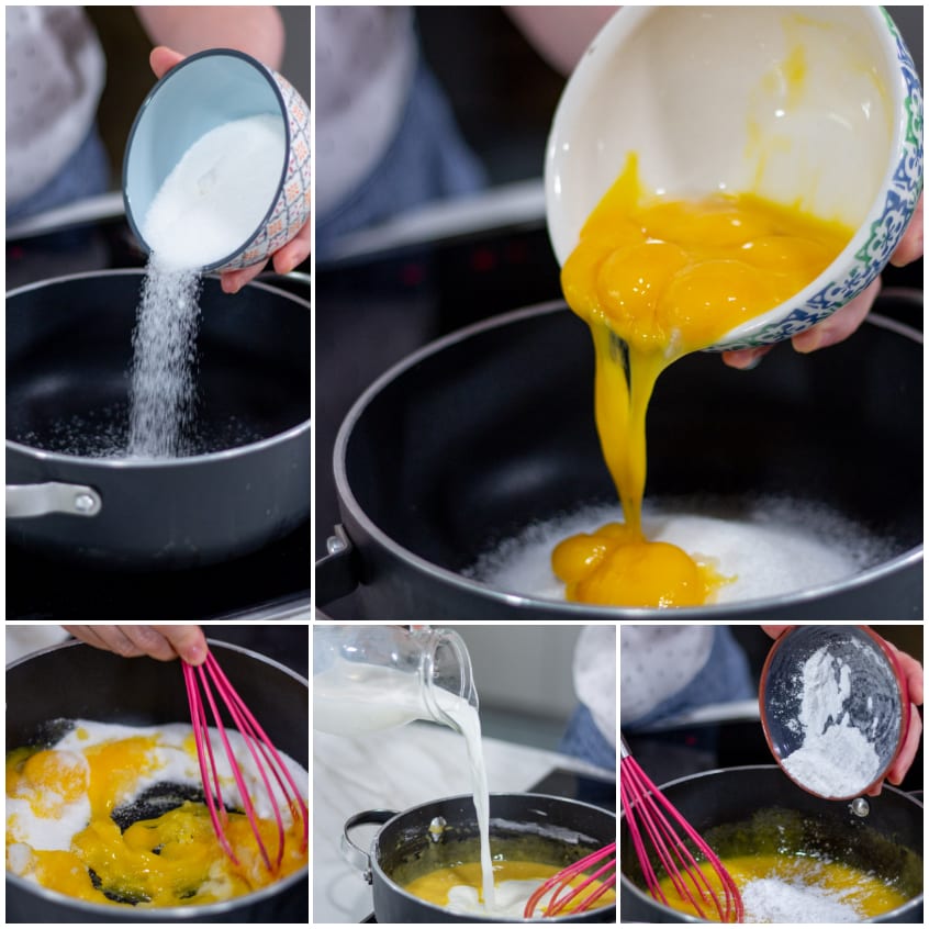 Zucchero, tuorli, latte e amidi versati in pentola per preparare la crema pasticcera