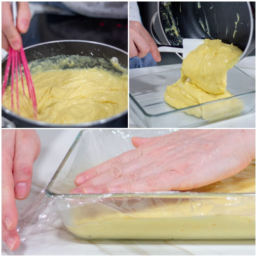 Crema pasticcera mescolata in padella, versata in pirofila e coperta con pellicola a contatto