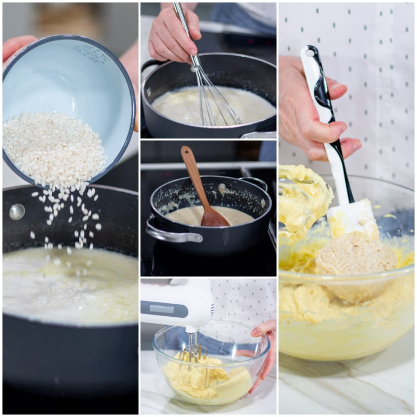 Riso versato in padella, crema lavorata con fruste elettriche e composto mescolato con spatola