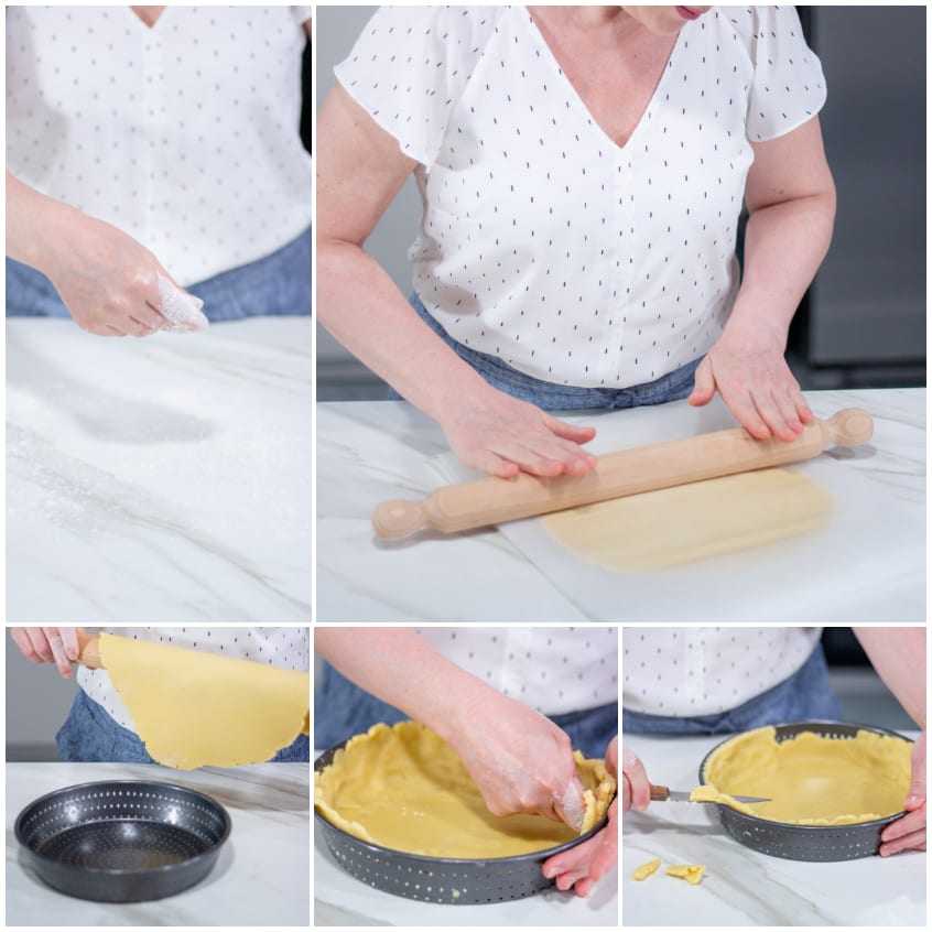 Pasta frolla stesa col mattarello, adagiata nello stampo e rifilata con un coltello